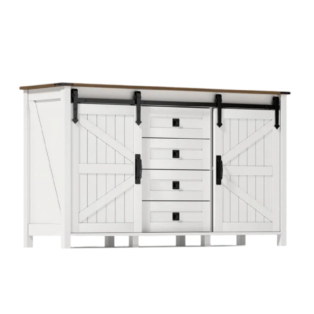 **Buffet en bois blanc avec portes coulissantes et tiroirs**