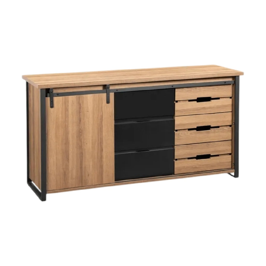 **Titre technique : Meuble de rangement en bois avec panneaux noirs et portes coulissantes**